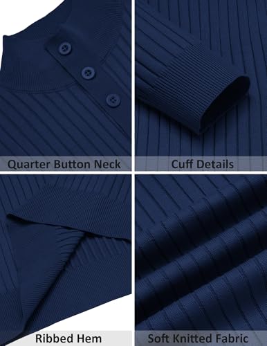 COOFANDY Mens Quarter Button Sweater Long Sleeve Stand Collar Sweaters Casual Knitted Ribbed Dress Pullover - color: Navy Blue, size: Medium