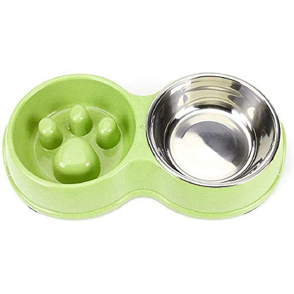 Slow Feeder Dog cat Double Bowl Stainless Steel and Anti-Choking Green - color: green