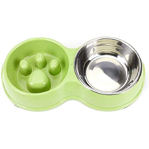 Slow Feeder Dog cat Double Bowl Stainless Steel and Anti-Choking Green - color: green