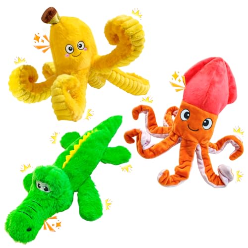 WOWBALA No Stuffing Dog Squeak Toys-3 Pack Plush Crinkle Interactive Puppy Chew Toys, Cute Octopus & Crocodile Toys for Small Medium Dogs,Boredom Relief, Anxiety Reducing - color: Multicolour