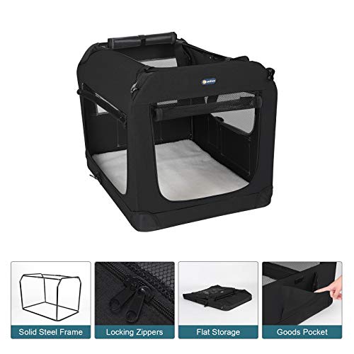 Veehoo Folding Soft Dog Crate, 3-Door Pet Kennel for Crate-Training Dogs, 5 x Heavy-Weight Mesh Screen, 600D Cationic Oxford Fabric, Indoor & Outdoor Use, 20", Black