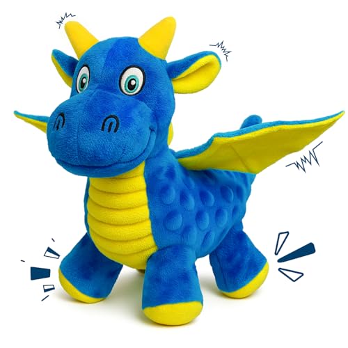 Squeaky Dog Toys for Large Dogs - Plush Dragon Dog Toy with 5 Squeakers & Crinkle Paper, Stuffed Interactive Dog Toy for Gentle Chewers (Blue,10") - color: Blue