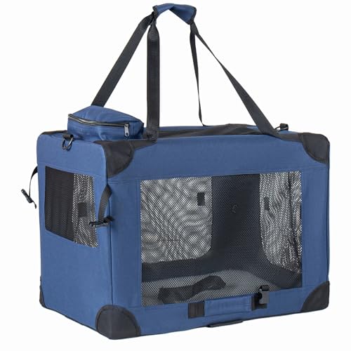 Portable Collapsible Soft Pet Crate, 3 Doors Breathable Mesh Dog Travel Kennel with Side Pocket, Washable Cushion & Adjustable Shoulder Strap for Car Travel Indoor Use (Dark Blue-32 in) - color: Dark Blue-32 in