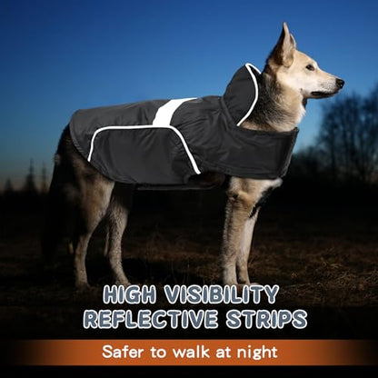 Waterproof Dog Raincoat Dog Winter Jacket Lightweight Windproof Dog Rain Coat with Velvet Inner, Adjustable Wider Velcro, Leash Hole, Reflective Stripes for Small Medium Large Dogs (Black, L)