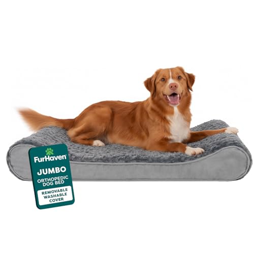 FurHaven Orthopedic Dog Bed for Large Dogs, Luxe Lounger Contour Mattress with Solid Orthopedic Foam Slab for Joint Support, Removable Washable Cover, Jumbo XL, Plush Suede, Gray - color: Gray, size: Jumbo/XL