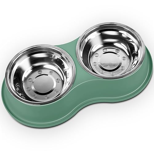 EpetsLove Large Double Dog Water and Food Bowls, Stainless Steel Bowls with Non-Slip Resin Station, Pet Feeder Bowls Food Dish for Small Medium Large Dogs Cats - color: 6.Green, size: Large-34oz