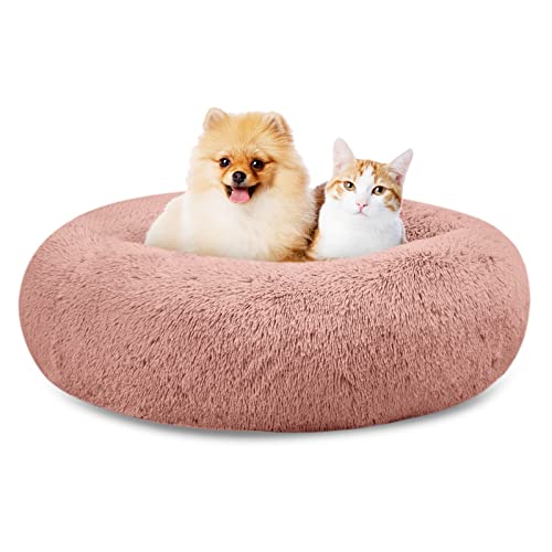 SAVFOX 23 inches Calming Donut Dog Bed - 3X Durable Plush Faux Fur, Machine Washable & Non-Slip, Fits up to 25 lbs, Pink - color: Pink, size: Small | 23"x23"
