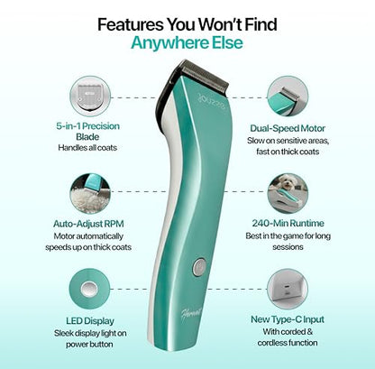 Hornet 5-in-1 Professional Pet Grooming Clipper for Dogs & Cats, Low Noise, Precision Trimmer for Trimming, Shaping & Styling - color: Teal