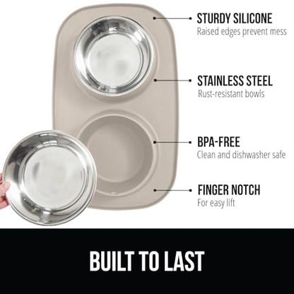 GORILLA GRIP Dog Bowl Set with Slip Resistant Silicone Feeding Mat, 3 Cup, Food Grade 304 Stainless Steel Bowls, BPA Free, High Edge Spill Containment, Dishwasher Safe, Finger Notch Removal, Beige - color: Beige, size: 3 Cup Bowls