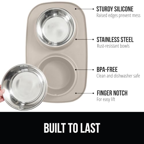 GORILLA GRIP Dog Bowl Set with Slip Resistant Silicone Feeding Mat, 3 Cup, Food Grade 304 Stainless Steel Bowls, BPA Free, High Edge Spill Containment, Dishwasher Safe, Finger Notch Removal, Beige - color: Beige, size: 3 Cup Bowls