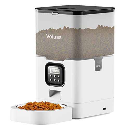 VOLUAS Automatic Cat Feeder, 6L Timed Dry Food Dispenser for Cats & Dogs | Programmable Portion Control, Up to 4 Meals Daily, Dual Power Supply, Power-Off Memory, 10-Second Voice Recorder - color: White Transparent, size: 6 L