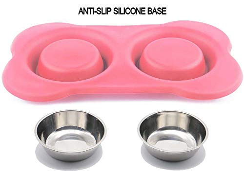AsFrost Dog Food Bowls Stainless Steel Pet Bowls & Dog Water Bowls with No-Spill and Non-Skid, Feeder Bowls with Dog Bowl Mat for Dogs Cats and Pets-Pink, 24 0z in Total - color: Pink, size: 1½ Cup/12 oz each