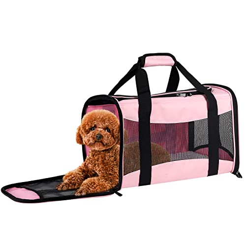 Cat Carrying Case - Pet Carrier Airline Approved, Protable and Breathable Pet Travel Carrier Removable Fleece Pad, Collapsible Cat Carrier Dog Carrier for Medium Cats Small Cats Dogs (Medium, Pink) - color: pink, size: 17.0"L x 11.0"W x 11.0"H