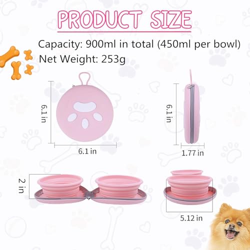 Collapsible Dog Bowls, Portable Dog Bowl, Travel Water Bowl for Dogs Camping Essentials, 2-in-1 Water Food Feeder Double Bowl for Traveling Camping Walking Hiking (Pink) - color: Pink