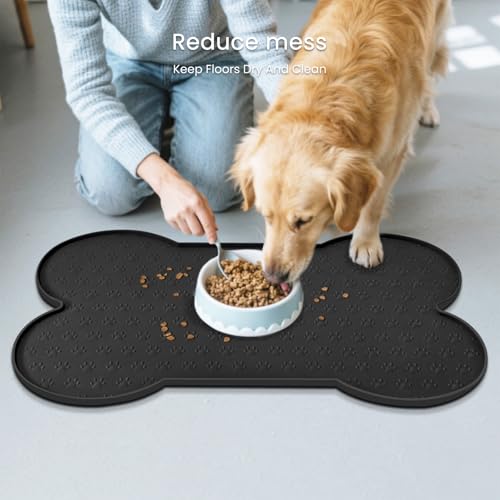 PWTAA Dog Food Mat Anti-Slip Silicone Dog Bowl Mat Thicker Pet Placemat Waterproof Cat Feeder Pad with Raised Edge Puppy Kitten Feeding Mats Suitable Small Medium-Sized Dogs Cats Eating Tray - color: Black, size: 19.4" x 9.8"