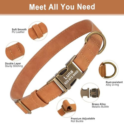 Personalized Dog Collars for Puppies, Custom Soft PU Leather Dog Collar with Engraved ID Name and Number, Adjustable & Durable Pet Collars with Quick Release Metal Buckle,XS(8-13") - color: Light Brown-Engraving, size: X-Small: Fit 8-13" Neck