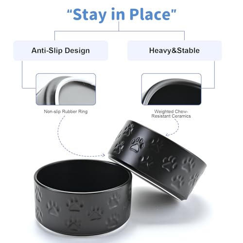 SPUNKYJUNKY Ceramic Dog and Cat Bowls 2 Pack, 5.1'' Dog and Cat Food Water Double Feeding Bowls Non-Slip for Cats and Puppy Small Sized Breed Dogs Microwave Dishwasher Safe - 13.5 OZ, 2pcs, Paw Black - color: Paw Black - Only Bowls*2, size: 5.1 in - 1.7 c
