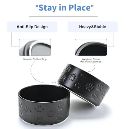 SPUNKYJUNKY Ceramic Dog and Cat Bowls 2 Pack, 5.1'' Dog and Cat Food Water Double Feeding Bowls Non-Slip for Cats and Puppy Small Sized Breed Dogs Microwave Dishwasher Safe - 13.5 OZ, 2pcs, Paw Black - color: Paw Black - Only Bowls*2, size: 5.1 in - 1.7 c