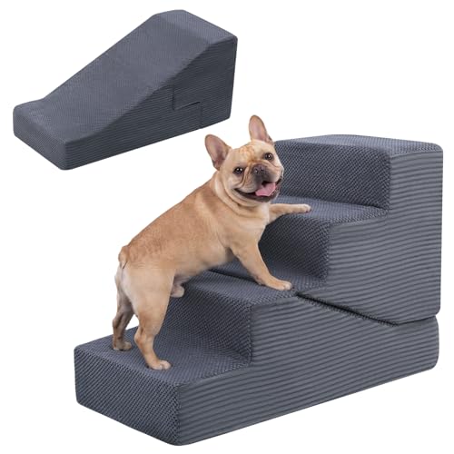 Dog Ramp for Bed Couch, 20.4" H Dog Stairs for Small Dogs | 2 in 1 Transformable 4-Step Pet Steps for Bed, Foldable Cats Ramp to Get on Bed, Non-Slip Balanced, Grey - size: 15.7 X 28.3 X 20.4 In