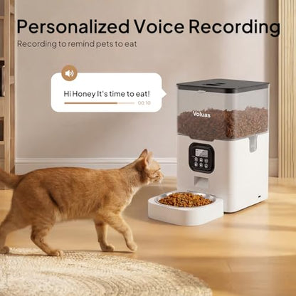 VOLUAS Automatic Cat Feeders - Pet Food Dispenser for Dry Food, Timed Cat Feeder with Desiccant Bag, Programmable Portion Size Control 4 Meals Per Day, 10s Voice Recorder | Programmable Portion Control, Up to 4 Meals Daily, Dual Power Supply, Power-Off Me