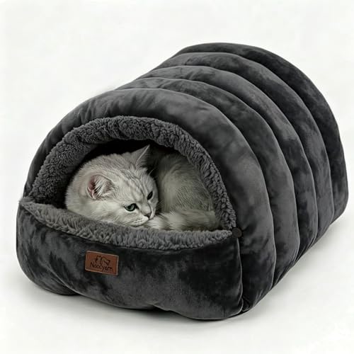 Covered Cat Bed Cave for Indoor Cats, 2-in-1 Enclosed Pet Bed for Small Dogs and Kittens with Zippered Washable Cat Mats, Cat House Bed, Dark Grey - color: Dark Grey, size: 23.6x17.7