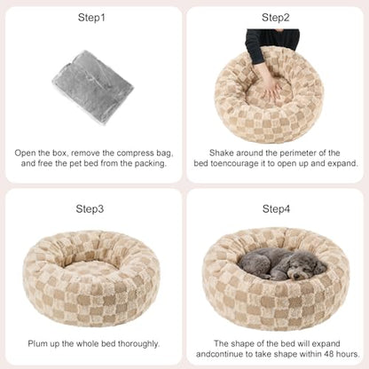 Dog Calming Beds for Small Medium Large Dogs - Round Donut Washable Puppy Dog Bed, Anti-Slip Faux Fur Fluffy Donut Cuddle Anxiety Cat Pet Bed (28" Grid) - color: Grid, size: 28"L x 28"W x 8"Th