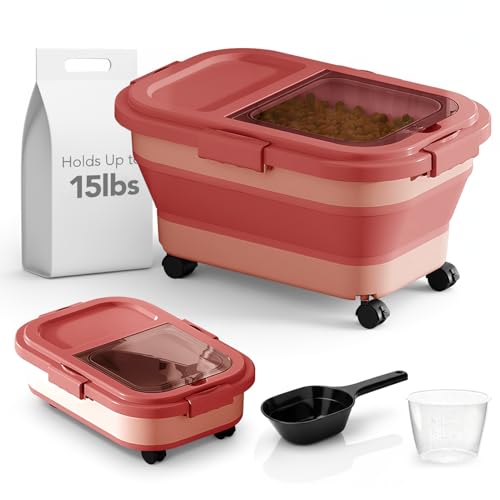 Summark 15 Lbs Dog/Cat Food Storage Container,Collapsible Food Storage Containers with Rolling Wheel Airtight Locking Lid,Pet Food Storage Container with Cup and Scoop,Pink - color: Pink