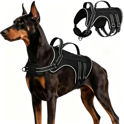 Tactical Dog Harness, Heavy Duty No Pull Dog Harness with 2 Control Handles Breathable Dog Harness Hook and Loop Panel for ID Patch Adjustable Reflective Pet Vest for Walking, Training (XL) - size: XL