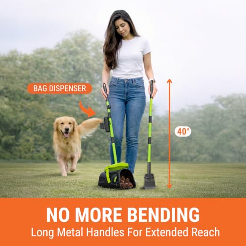 Pupzle Dry & Wet Dog Pooper Scooper with Bag Attachment, 40" Long Handle Dog Poop Shovel and Rake Pooper Scooper for Large Dogs, Poop Scoop for Yard, Large Capacity Swivel Bin, 75 Bags, Patent Pending