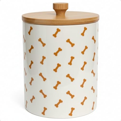 Ceramic Dog Treat Container Airtight with Bamboo Lid, 5"W x 6.4"H, 4 Cups | Sturdy Durable Ceramic, Airtight Bamboo Lid, Food Safe, Fits Most Popular Treats, 4 Cup Capacity, Easy to Wash