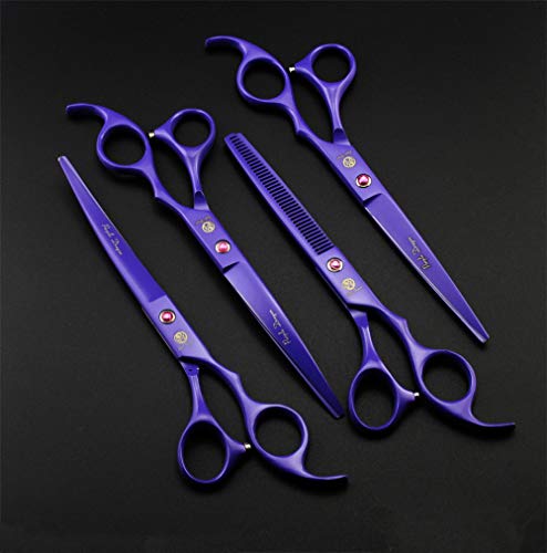 Purple Dragon Professional 7.0 inch 4PCS Pet Grooming Scissors Kit Japan Premium Steel Straight & Curved & Thinning Blade Dog Hair Cutting Shears Set with Case - color: Violet
