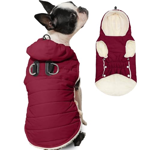 Vecomfy Fleece Lining Dog Hoodie with Harness Built in,Extra Warm Small Dog Jacket in Winter Puppy Coats with Drawstring Hooded,Red XS - color: Red(Harness Built in), size: X-Small (Pack of 1)