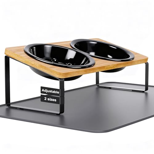 LEAWALK Upgraded Adjustable Height Cat Food Bowls Stand Ceramic Dog Bowls and Slow Feeder Cat Bowl, 15°Tilted Stand Anti Vomiting Raised for Small and Medium Sized Cats Dogs (Black (2 Bowl+Pet mat)) - color: Black ( 2 Bowl+Pet mat)