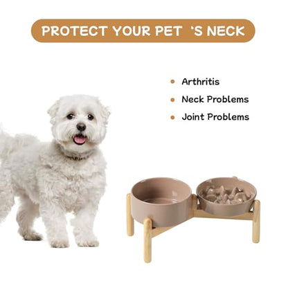 Havniva 6.1” Raised Slow Feeder Dog Bowls Set, 0.9 Cups Ceramic Slow Feeder Dog Bowl and 6.1” Dog Water Bowl with Elevated Wooden Stand Puzzle Dog Food Bowl for Small Dogs Anti-Gulping & Anti-Choking - color: 2 x Brown Coffee+Stand-C, size: 6.1inch