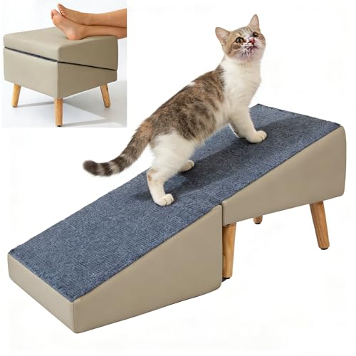 Foldable Dog Ramp Split Ottoman Outdoor seat footrest Stool Couch Sofa Furniture Car RV Side Door, Small Medium Senior Injured cat pet (Light Gray, Ramp 13.5" H x 32" L x 16" W (Ottoman: 16in Cube))