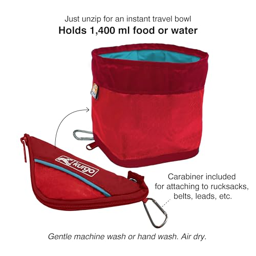 Kurgo Zippy Bowl for Dogs, Collapsible Travel Dog Bowls, Pet Food & Water Hiking Container, Food Grade Silicone, Travel Accessories for Pets, Includes Carabiner, Holds 48 oz (Barn Red) - color: Red