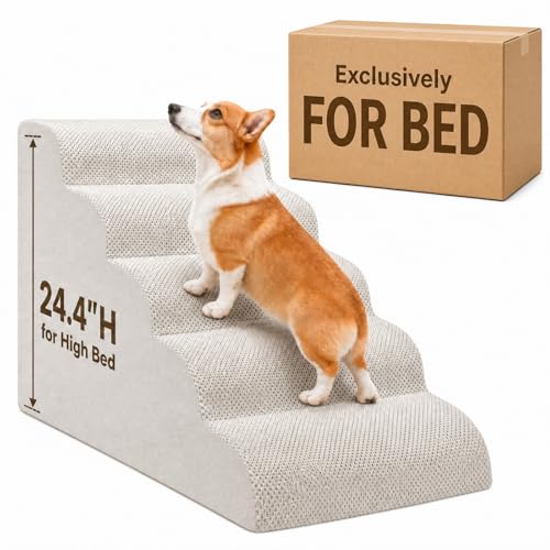 Dog Ramp for Bed,Pet Ramp for High Bed,Dog Stairs for Small & Medium Dogs,Curved Non-Slip Ladder for Older Dogs & Cats,24.4" H,5-Step (White) - color: White