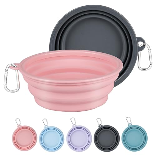 Kytely Collapsible Dog Bowls X-Large (1500ml), 2 Pack Foldable Travel Bowls, Portable Dog Water Food Bowl with Clasp, Pet Feeding Cup Dish for Traveling, Walking, Hiking (Pink+Grey) - color: Grey & Pink, size: X-Large