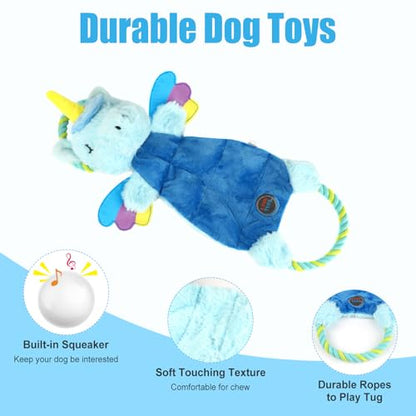 Interactive Squeaky Dog Chew Toy, Tough Plush Dog Toys for Chewers, Small, Medium & Large Dogs, Plush with Double Rope Handles for Tug of War, Mess-Free, Light Blue - color: Light Blue