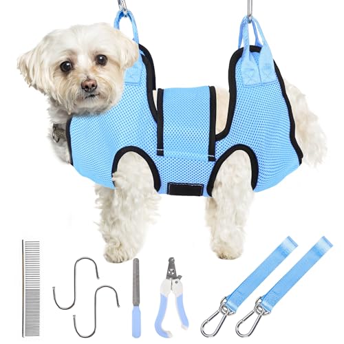 PatiencET Dog Grooming Hammock for Nail Trimming Pet Hammock for Small Dogs with Security Strap Cat Sling for Nail Clipping with Clippers Nail File and Pet Comb (Cerulean S) - color: Cerulean, size: S (17 LB Max)