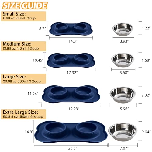 Hubulk Pet Dog Bowls 2 Stainless Steel Dog Bowl with No Spill Non-Skid Silicone Mat + Pet Food Scoop Water and Food Feeder Bowls for Feeding Small Medium Large Dogs Cats Puppies (Medium, Navy Blue) - color: Navy Blue, size: Medium