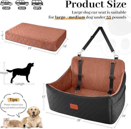 Wooaidagg Dog Car Seat for Medium & Large Dogs Up to 55lbs, Memory Foam Cushion, Washable Cover, Safety Straps & Non-Slip Bottom(Black/Brown,Large) - color: Black/Brown