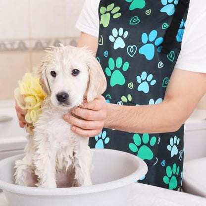 Dog Grooming Waterproof Apron with 2 Pockets, Cute Animals Puppy Dog Pets Apron - style: Green Dog Paw