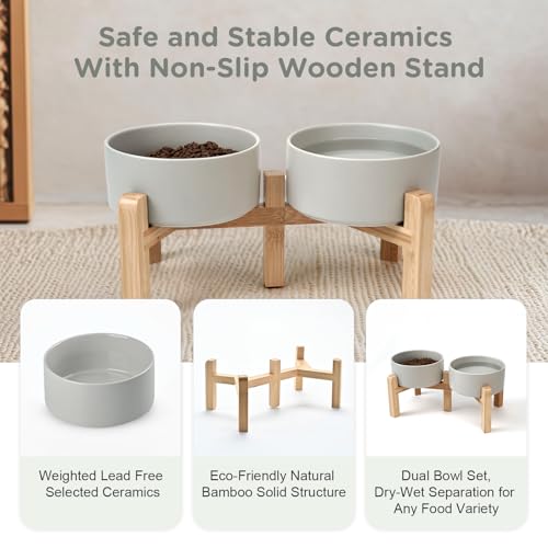 SPUNKYJUNKY Elevated Dog Bowls Ceramic, 6.1'' Dogs and Cat Food Water Bowls Raised with Non-Slip Bamboo Stand for Medium Sized Breed Microwave Dishwasher Safe - 28.7 OZ,Grey - color: Grey, size: 6.1 in - 3.6 cups