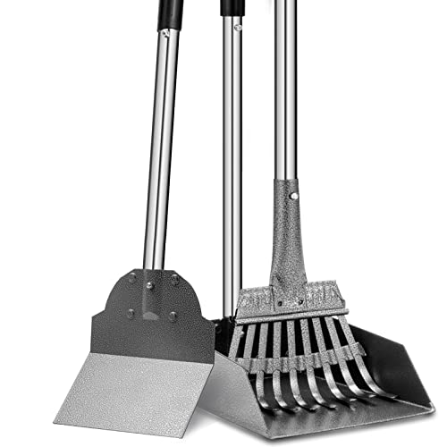 Dog Pooper Scooper, Tray Rake and Spade 3 Pack Poop Scoop Adjustable Long Handle Metal with Bin for Pet Waste Removal, No Bending Clean Up for Large and Small Dogs - size: tray, rake & spade