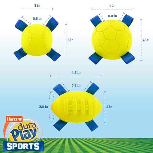 Hartz Dura Play Sports Ball Variety Dog Toy, Bacon Scented Squeaky Latex Yellow & Blue Toy, 3 Count - size: 3 Count, style: Variety