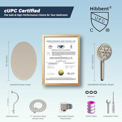 Hibbent All Metal CUPC Certified Shower Head, 10'' High Pressure Rainfall Shower Head, Handheld Showerhead Combo with 12'' Adjustable Extension Arm, 10-Spray, 71'' Hose, Shower Holder, Brushed Nickel - color: Brushed Nickel, style: Round 10''