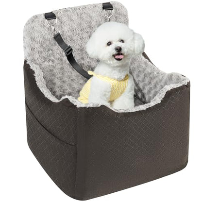 Dog Car Seat for Small Medium Dogs - 6.7inch Elevated Dog Booster Car Seats wih Soft Rose Velvet, Washable Travel Pet Carseat with 2 Safety Leashes and Storage Pockets(Grey/Black Coffee) - color: Black Coffee/Grey