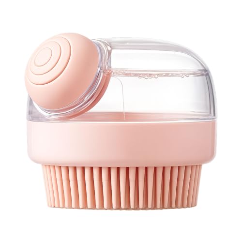 Dog Bath Brush with Shampoo Dispenser | Silicone Pet Grooming Scrubber for Dogs Cats and Puppies | Rubber Curry Tool for Bathing Deshedding and Massage | Easy Grip One Handed Design - color: Pink