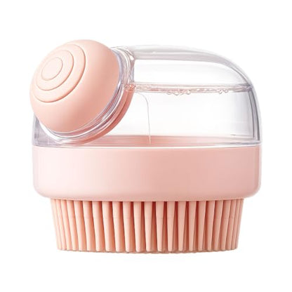 Dog Bath Brush with Shampoo Dispenser | Silicone Pet Grooming Scrubber for Dogs Cats and Puppies | Rubber Curry Tool for Bathing Deshedding and Massage | Easy Grip One Handed Design - color: Pink